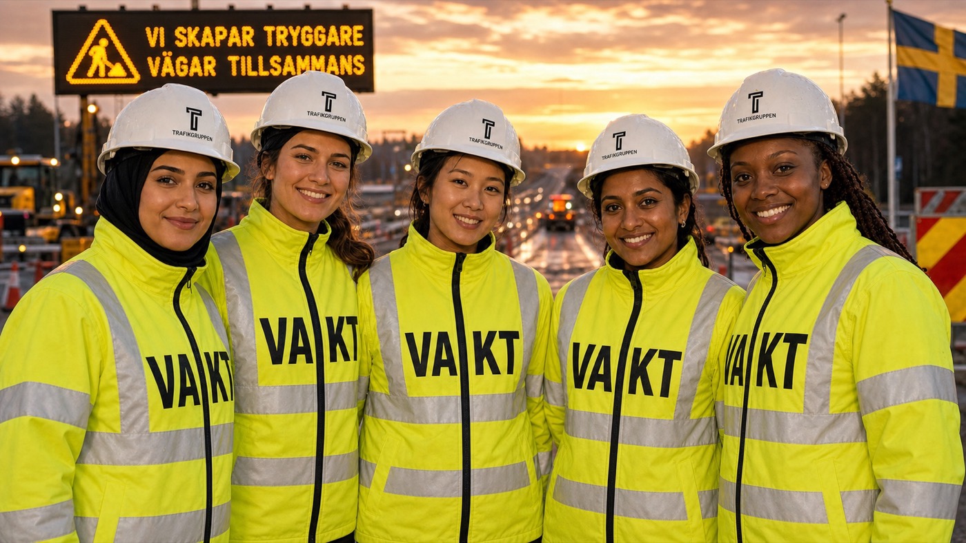 Trafikgruppens team — fem certifierade flaggvakter redo att skapa tryggare vägar